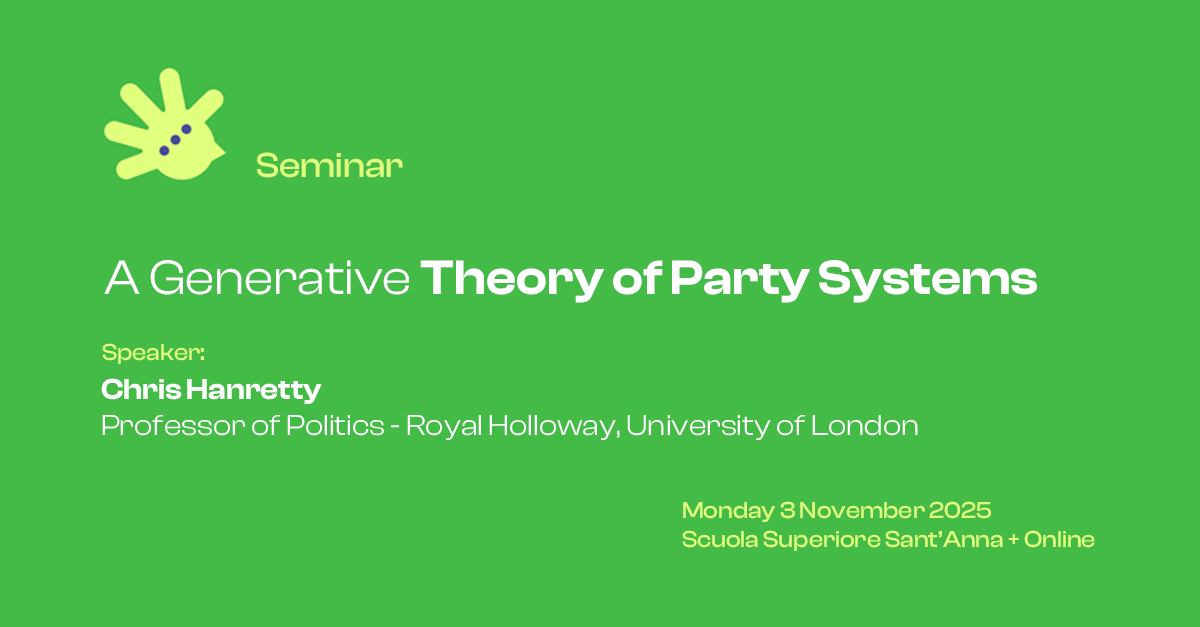 Next Monday! (3 November / 11.00-1230h)
Join our partners from <a href="/StalsPisa/">STALS Sant'Anna Legal Studies</a> for the seminar "A Generative Theory of Party Systems". 
Speaker: Chris Hanretty from <a href="/RoyalHolloway/">Royal Holloway</a> 
More info: express2project.eu/en/news-and-ev… 

#SocialContract #Politics