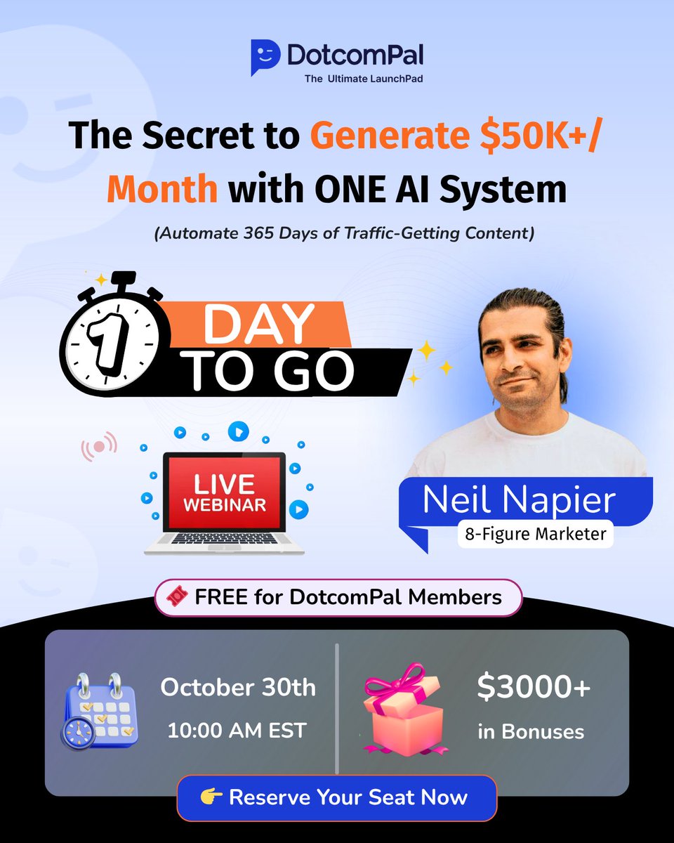 DotcomPal's tweet image. 🔥 1 DAY LEFT! 🔥
$50K+/Mo Secret: 7-Fig Agencies Automate 365 Days Content!

Neil Napier (8-fig marketer) LIVE TOMORROW.

Scale 20→100+ clients. 99% profits. $20K saved.🤑

FREE for DotcomPal!🎁
Register Now👇
attendee.gotowebinar.com/register/20805…

#RMxAPEC #DWTS #AIAutomation #agency