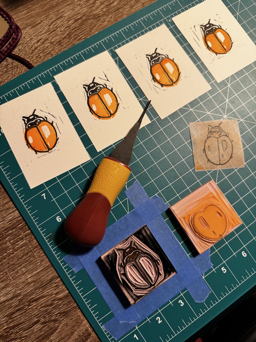 HyperPixieGames's tweet image. My birthday present came early! @bronsolo22 got me some new carving tools, so I did my first two color print, with this cute little spotless ladybug as my muse 🐞 #printmaking