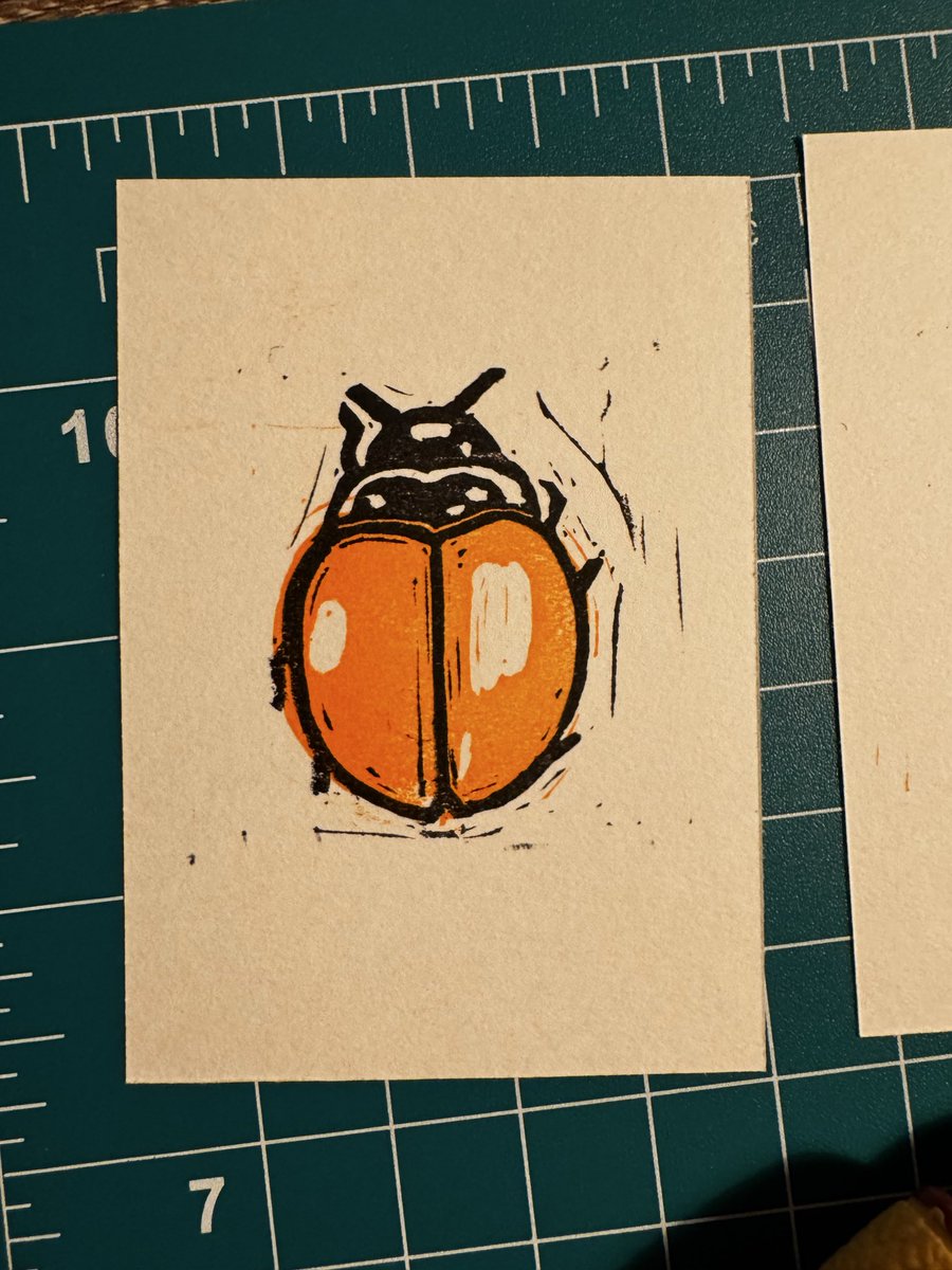 HyperPixieGames's tweet image. My birthday present came early! @bronsolo22 got me some new carving tools, so I did my first two color print, with this cute little spotless ladybug as my muse 🐞 #printmaking