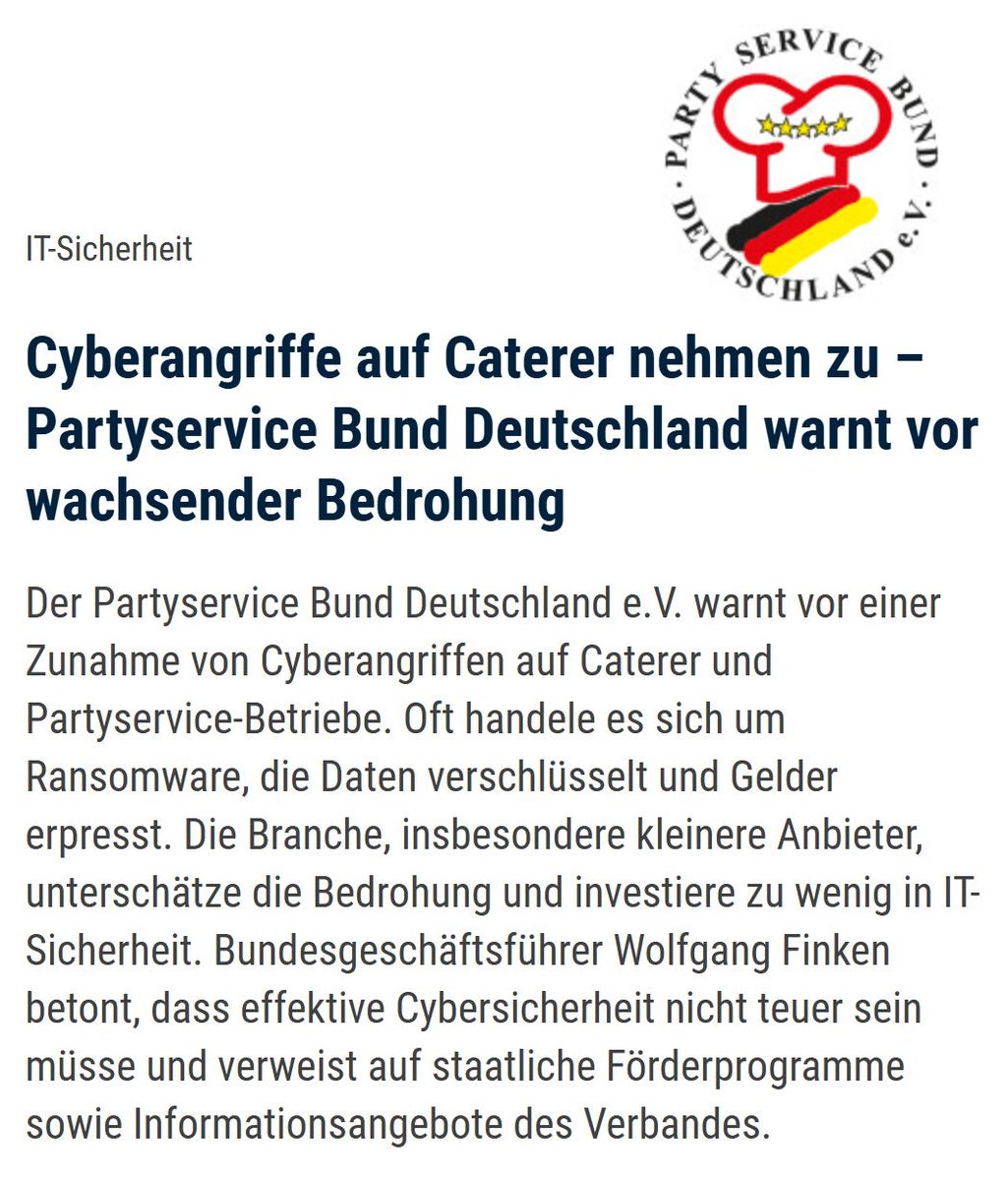 Dennis_Kipker's tweet photo. Aus mehreren Gründen können auch #Partyservice-Betriebe und #Caterer ein lohnendes Ziel für #Cybercrime sein: So versorgen sie Krankenhäuser, Schulen und Behörden und nehmen damit eine zentrale Funktion in der täglichen #Lieferkette von Einrichtungen ein:
https://t.co/jITtRckaOq https://t.co/UdPJhQ5Fak