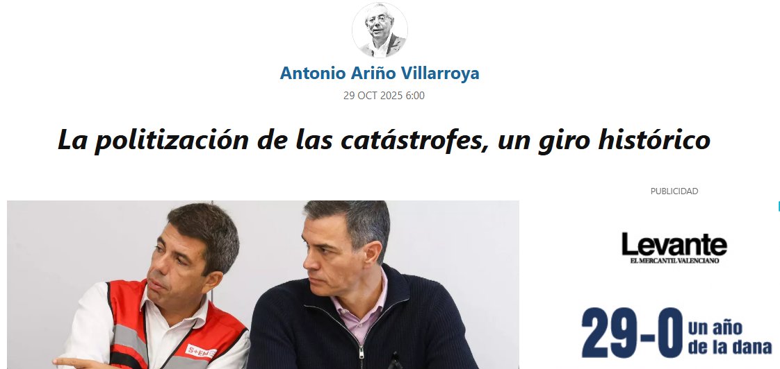 La politización de las catástrofes, un giro histórico

Invitamos a reflexionar a partir del artículo publicado en el diario Levante, por nuestro colaborador Antonio Ariño Villarroya del Comité de Presencia Pública de  Fundación Novaterra

ℹ️levante-emv.com/opinion/2025/1…