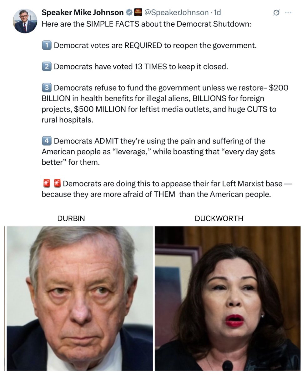 MEMO TO: The Citizens of Illinois 

Durbin and Duckworth are elected by you and represent you in the creating and voting on legislation. 

Both have voted NO 13 times to reopen the Government. If this DOES NOT represent you then contact their offices and tell them so

END OF MEMO