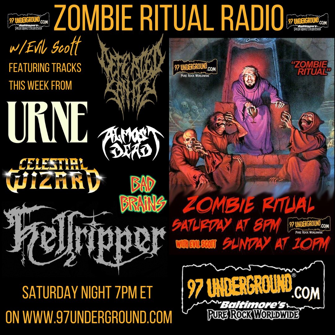ZombieRitual97's tweet photo. #newepisode Saturday 7pm ET #USA on @97underground w/#newmusic from @urneband @agnosticfront @hellrippermetal @parkwayofficial plus more from @chimairaband @JudiciaryTX @destruction #DefeatedSanity #AlmostDead &amp; more! @ClawHammerPR @Skateboardmkt @Metalcontraband @SeasonofMist https://t.co/TSnFV1IHK6