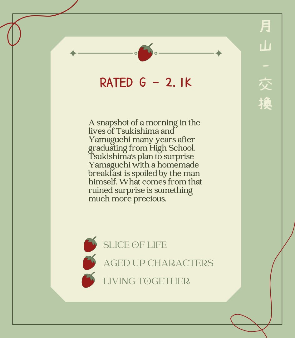 tskymexchange's tweet image. 🍓"Passing Time"
🍓For @nadiacosme11 
🍓Rated G
🍓2k | Slice of life, Aged-up characters, Living together
🍓 archiveofourown.org/works/72385226