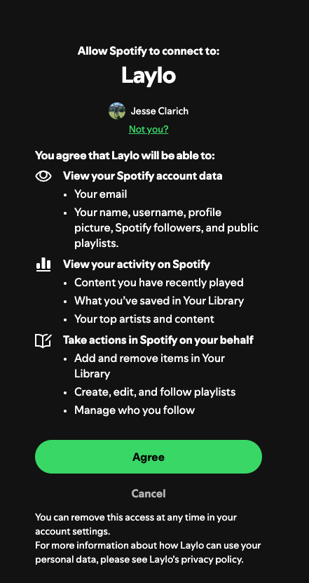 J2theizzle's tweet photo. @kylewatsonmusic in order to free download your 'cant decide' remix, I must allow @laylodotcom to "take actions in Spotify on your behalf" and "add and remove items in Your Library"??? 

I'm all about the following socials and engaging the song but this is disappointing and invasive...