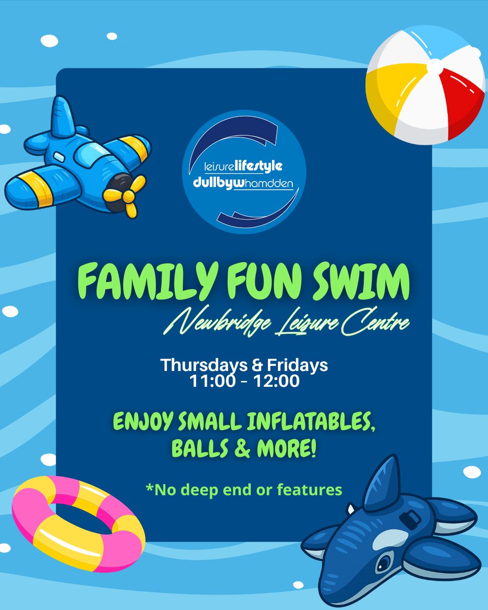 Leisurelifestyle (@leisure_ccbc) on Twitter photo 🏊Make a splash with our Family Fun Swim sessions at Newbridge Leisure Centre
⏰Thursdays & Fridays 11:00-12:00
💦Enjoy small inflatables, balls and plenty of pool fun.
ℹ️Please note, no deep end or pool features will be available during this session. 🏊Make a splash with our Family Fun Swim sessions at Newbridge Leisure Centre
⏰Thursdays & Fridays 11:00-12:00
💦Enjoy small inflatables, balls and plenty of pool fun.
ℹ️Please note, no deep end or pool features will be available during this session.