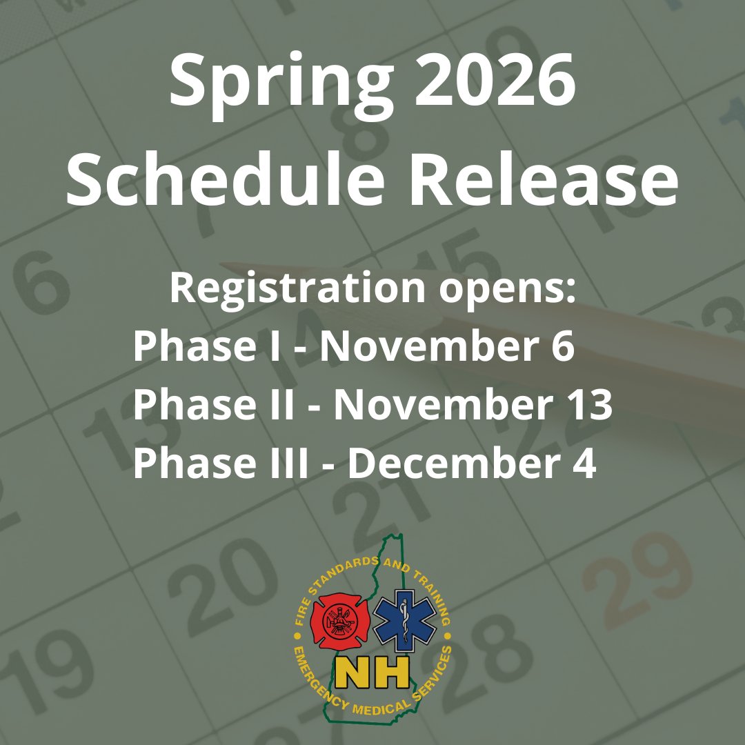 nhfstems's tweet image. It’s here: the Spring 2026 Semester schedule is up! We’ve released the classes through June 2026, with a variety of firefighter, inspector, instructor, officer, &amp;amp; technical rescue programs around the state. The full list may be found here: nhfa-ems.com/scheduled-cour…
#SpringSemester