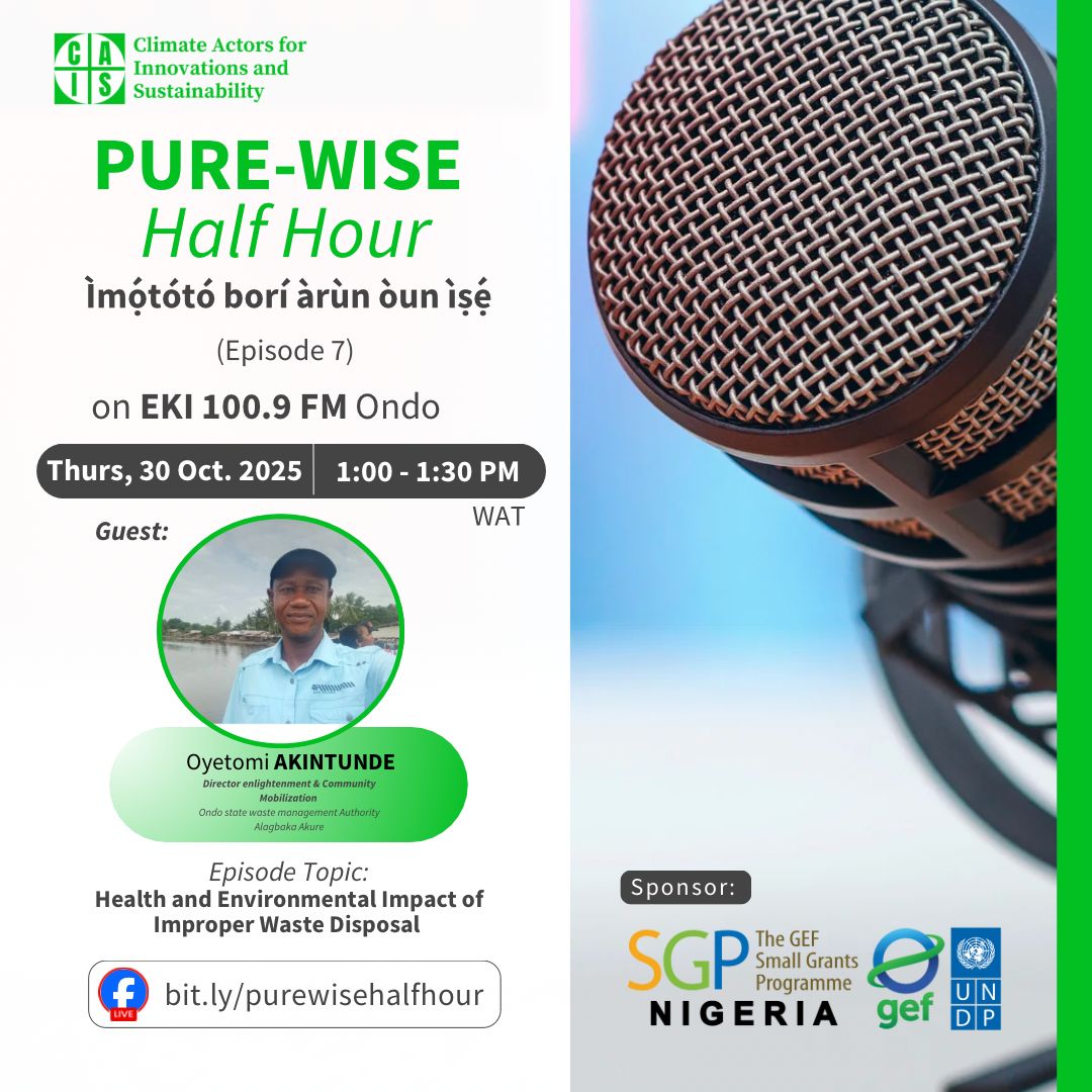 caisclimate's tweet photo. It's time to talk about #health on the #PureWiseHalfHour.
Join us tomorrow on
@EKIFM1009, as we explore the health impacts of improper waste disposal.
🎧 https://t.co/x9YkpWkxBk
Thanks to
@GEF_SGP @sgpnigeria for their continued support.
#PureWiseOndo #ReplacePlastic https://t.co/4xXaEUCdPG