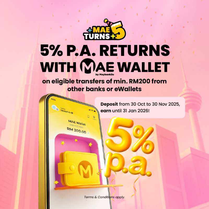MyMaybank's tweet photo. Make eligible transfers of min. RM200 from other banks or eWallets to your MAE Wallet to earn returns until 31 January 2026.

Terms &amp; Conditions apply.