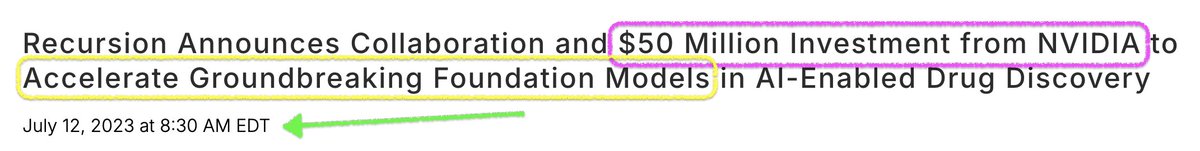 investingluc's tweet photo. $NVDA is worth $5T (!!!), so I looked at where they’ve been investing...

One caught my eye, $RXRX.

- short interest of 38%
- earnings Nov 5th
- $NVDA investment of $50M at a share price of $6.48
- intersection of biotech + AI + compute infrastructure

I like $RXRX because it's *not* just a drug company, it's a data, compute, AI company in healthcare.

There's cross-sector investor interest too.

aka...biotech investors love it AND AI/tech investors love it, meaning larger investor base and liquidity.

$NVDA is increasing it's reach with a few different strategic partnerships lately (see $NOK...), an expansion of the investment in $RXRX could send it vertical.

Low risk (weekly close under $5), earnings coming, a strategic partnership with a $5T company, and short interest of 38%...

I like this bet, $RXRX now $5.97.