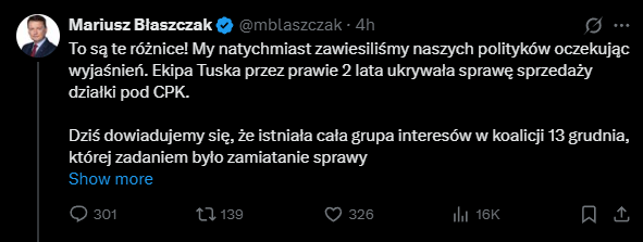 To są te różnice... 😂 Sprzedali działkę, na której mają się odbyć pilne inwestycje związane z CPK, a które wychwalali pod niebiosa, no i kara to zawieszenie 2 członków partii. Decyzje wydał wice-minister rolnictwa bez ważnego podpisu elektronicznego. Co to są za pop... ludzie.