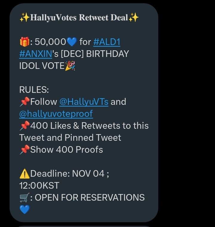 ANXIN_INA's tweet image. ✨ HallyuVotes Retweet Deal ✨

🎁: 50,000💙 for #ALD1 #ANXIN’s [DEC] BIRTHDAY IDOL VOTE 🎉

RULES: 📌 Follow @HallyuVTs and @hallyuvoteproof
📌 400 Likes &amp;amp; Retweets to this Tweet and Pinned Tweet
📌 Show 400 Proofs

⚠️ Deadline: NOV 04 ; 12:00 KST
🛒: OPEN FOR RESERVATIONS 💙