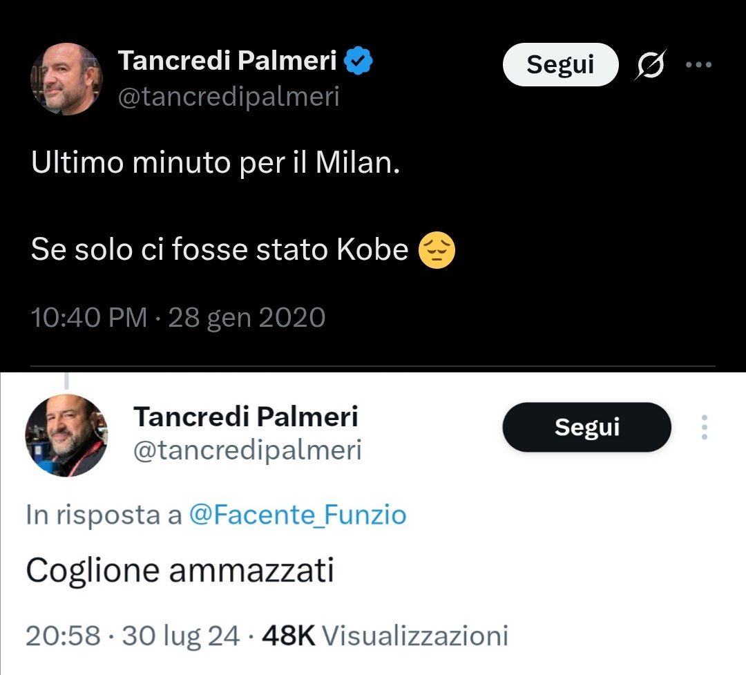 toselluc's tweet image. A quanto pare il signor @tancredipalmeri non ha più voglia di rispondere.

Lancia il sasso e nasconde la mano.

Il commento di @mike_fusco per me è stato di cattivo gusto, non ho infatti interagito e per quanto mi riguarda va condannato.

Il mio post retweetato invece faceva…
