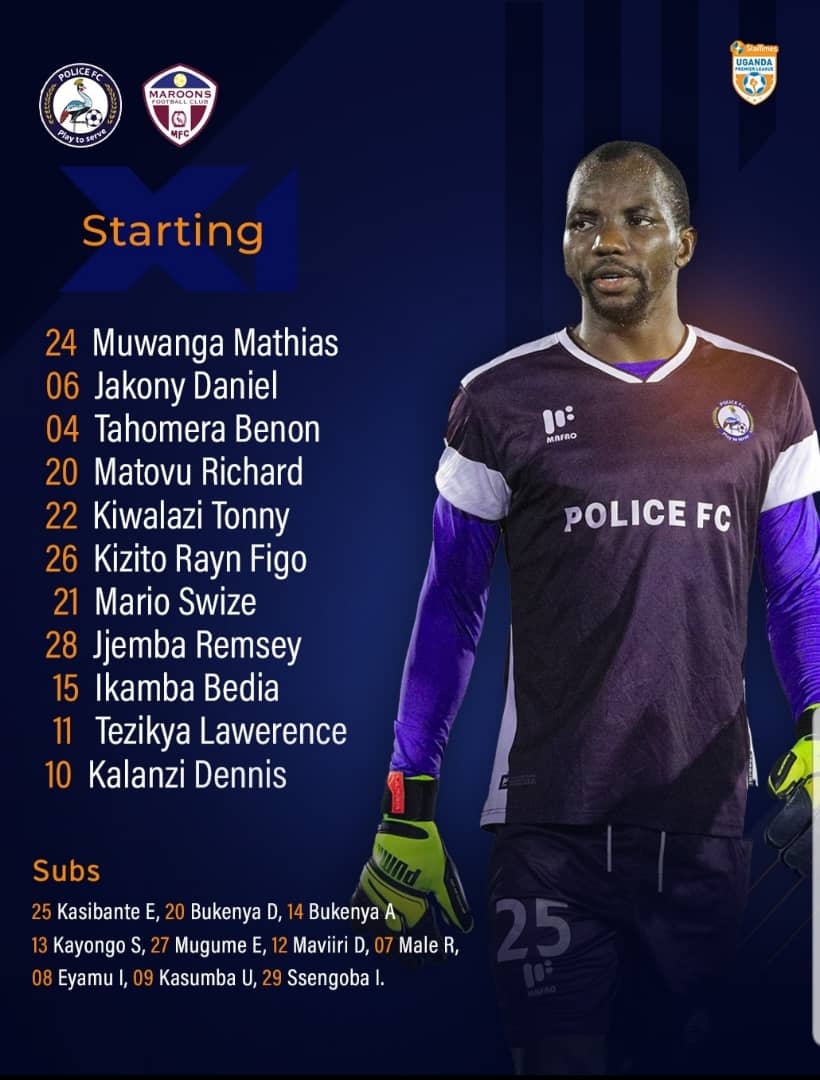 UgPoliceFC's tweet image. #TeamLineUp: 

Kiwalazi makes his season debut at rightback, Mario and Jjemba return to the starting lineup. Here is our X1 for the Battle of Forces against Maroons

#WeAreCops || #PlayToServe || #StarTimesUPL || #POLMAR