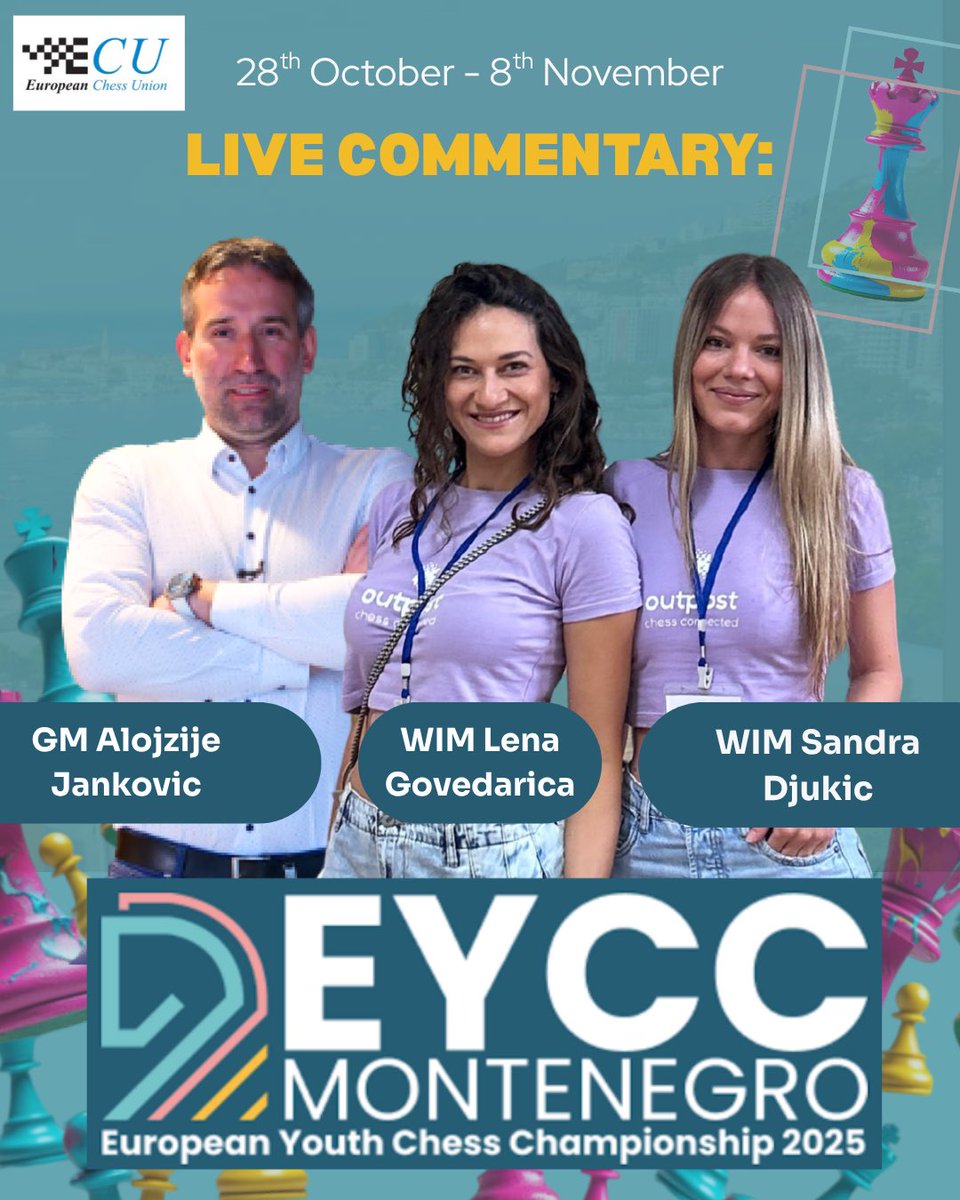 Your fav trio is back!🎙️GM <a href="/AlojzijeJ/">GM Alojzije Jankovic</a> Jankovic, WIM Sandra Djukic &amp; WIM <a href="/lenachess/">lena miladinovic</a> will host live commentaries at the 2025 European Youth Chess Championship in Budva 🇲🇪♟️

Round 1 kicks off with Sandra &amp; Lena in the studio! 🙌 youtube.com/live/cifnCTptB…

#EYCC2025 #chess <a href="/ECUonline/">European Chess Union</a>