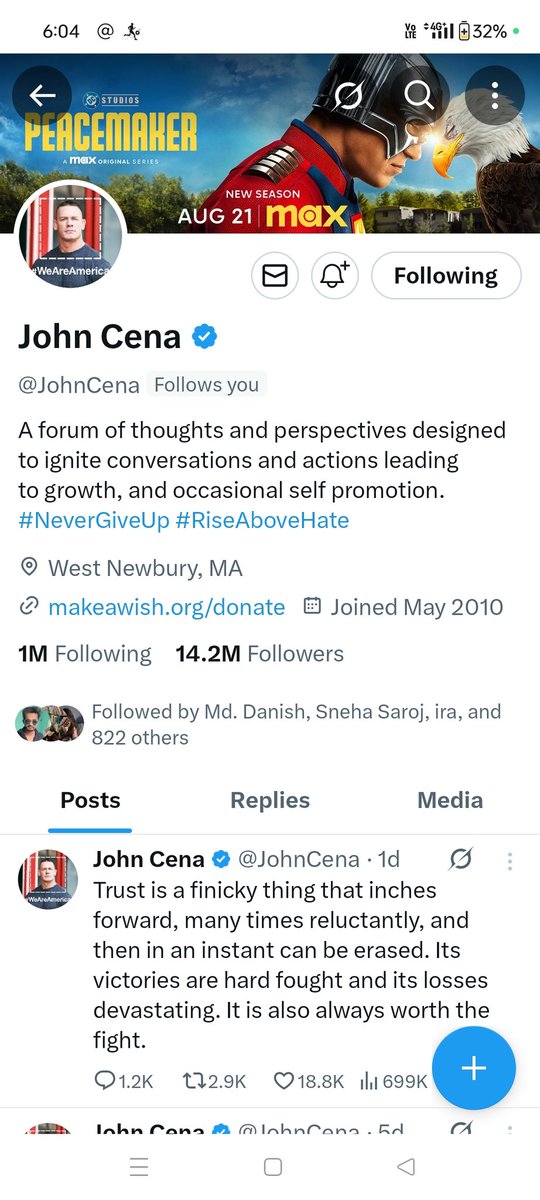 यह मेरे लिए बहुत बड़ा पल है क्योंकि आज मुझे John Cena ने फॉलो किया है! 
वो सिर्फ एक रेसलर नहीं, बल्कि लाखों लोगों के लिए एक मोटिवेशन हैं।
उनका “Never Give Up” attitude हमेशा मुझे आगे बढ़ने की प्रेरणा देता है।
जब मुझे पता चला कि उन्होंने मुझे फॉलो किया है, तो सच में विश्वास नहीं