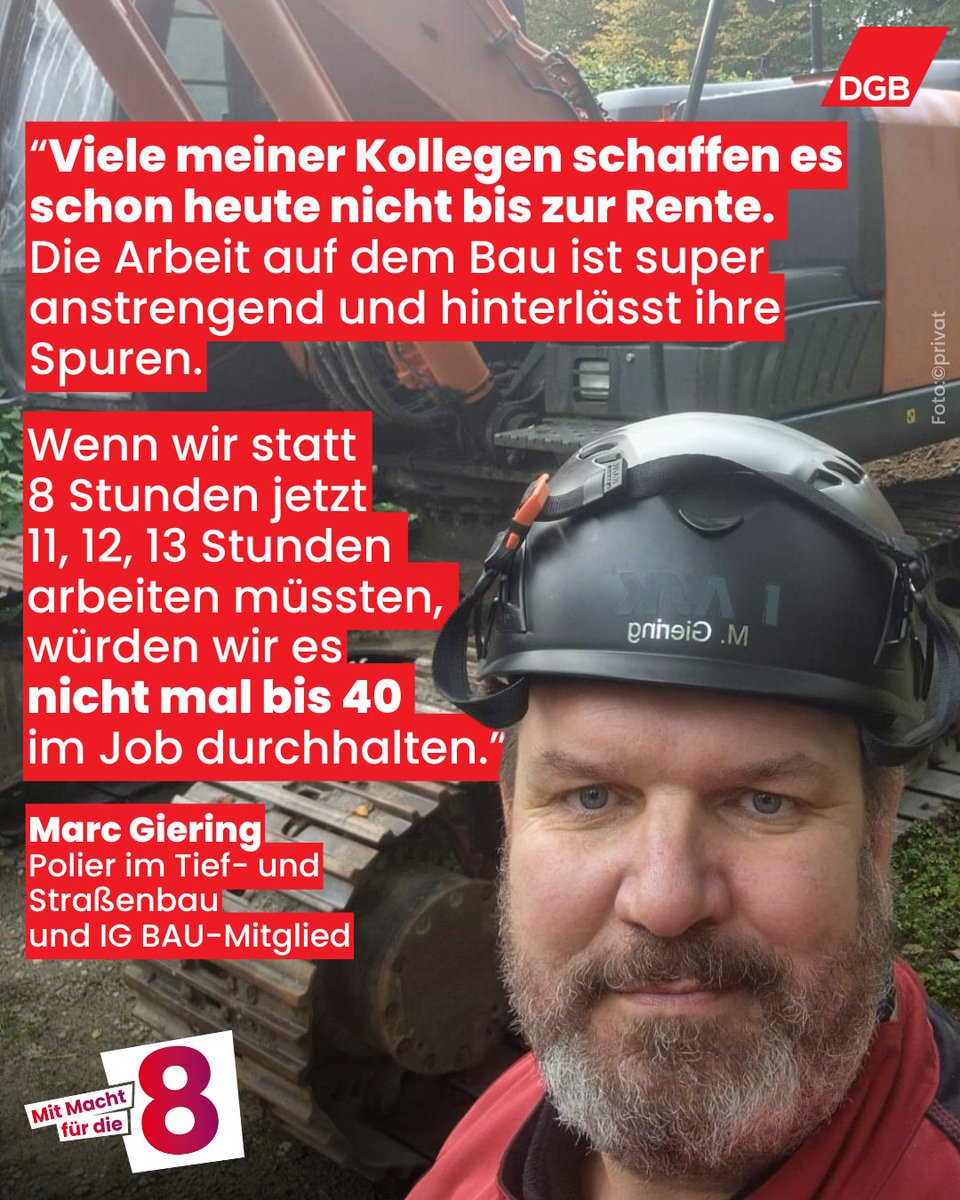 Manche mögen es ja aushalten, weit über einen #8hTag hinaus in Talkshows zu sitzen und uns zu erzählen, wie faul wir sind. 👀Aber für Menschen wie Marc bedeutet die Abschaffung der täglichen Höchstarbeitszeit einen Angriff auf Gesundheit und Lebenszeit: dgb.de/mitmachen/kamp…