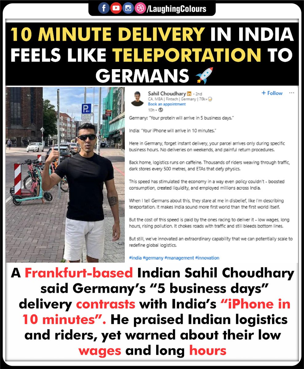 LaughingColours's tweet image. India runs on rocket speed 🚀🇮🇳

#10MinuteDelivery #IndiaVsGermany #LogisticsRevolution #IndianInnovation #FastDelivery #LaughingColours