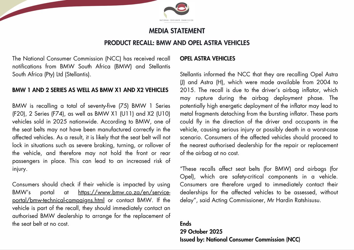 Product Safety Recall: BMW and Opel Astra owners, take a moment to check if your vehicle is affected. Stay informed, stay safe.

<a href="/PhethoN/">Ke Phetho_ZA🇿🇦</a> <a href="/the_dtic/">the dtic</a>