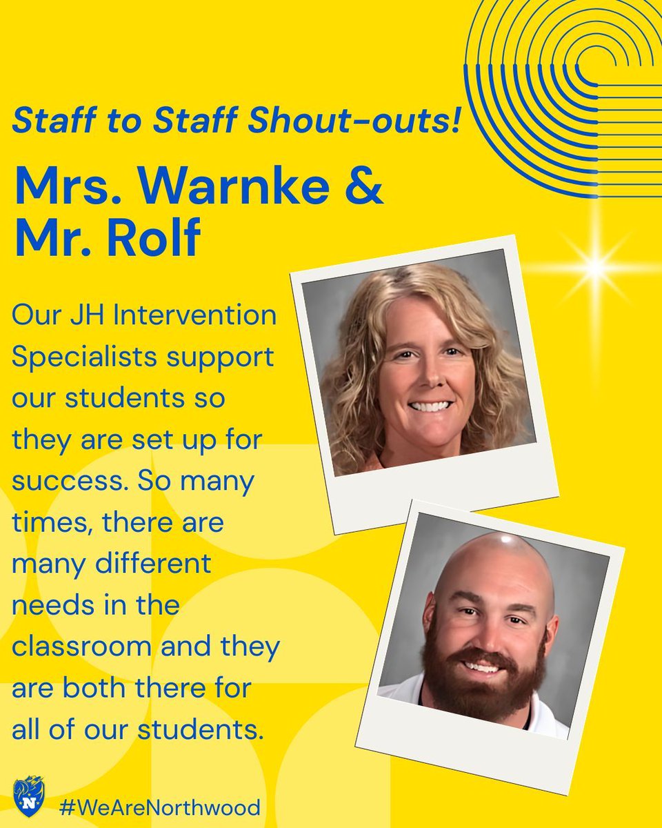 RangerRoundup's tweet photo. Today's Staff-to-Staff Shout-out goes to our JH Intervention Specialists Mrs. Warnke and Mr. Rolf! #WeAreNorthwood #RecognizingRangers https://t.co/aWxJ41snzd