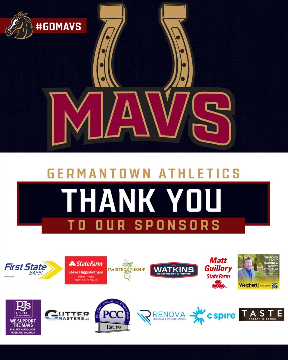 Each week, Germantown Athletics would like to recognize some of our sponsors. Thank you for pouring into our Maverick athletes and community! We appreciate you!
#gomavs #welcometotheranch