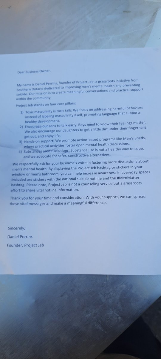 BlackBeard20096's tweet photo. Many stickers handed out.
And over 50 of these 1 page flyers passed along to professionals.
My tools are sharp and my drive is tempered.
I saw the fires of depression hell.
#ProjectJeb
#SuicidePrevention
#MenMatter https://t.co/iiDYLdkygT