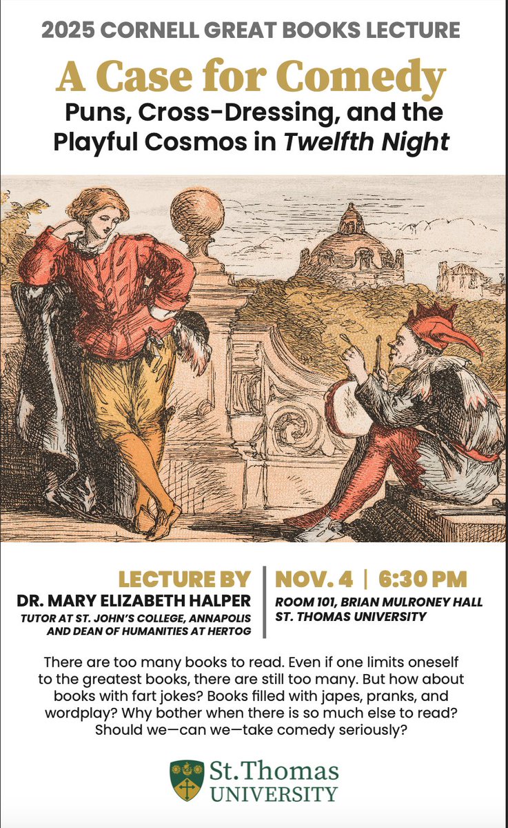 While I'm logged in, I'd like to add that we're delighted to be hosting <a href="/philopolites/">Mary Elizabeth Halper</a> <a href="/StThomasU/">St. Thomas University</a> next week for the 2025 Cornell Great Books Lecture: "A Case for Comedy."