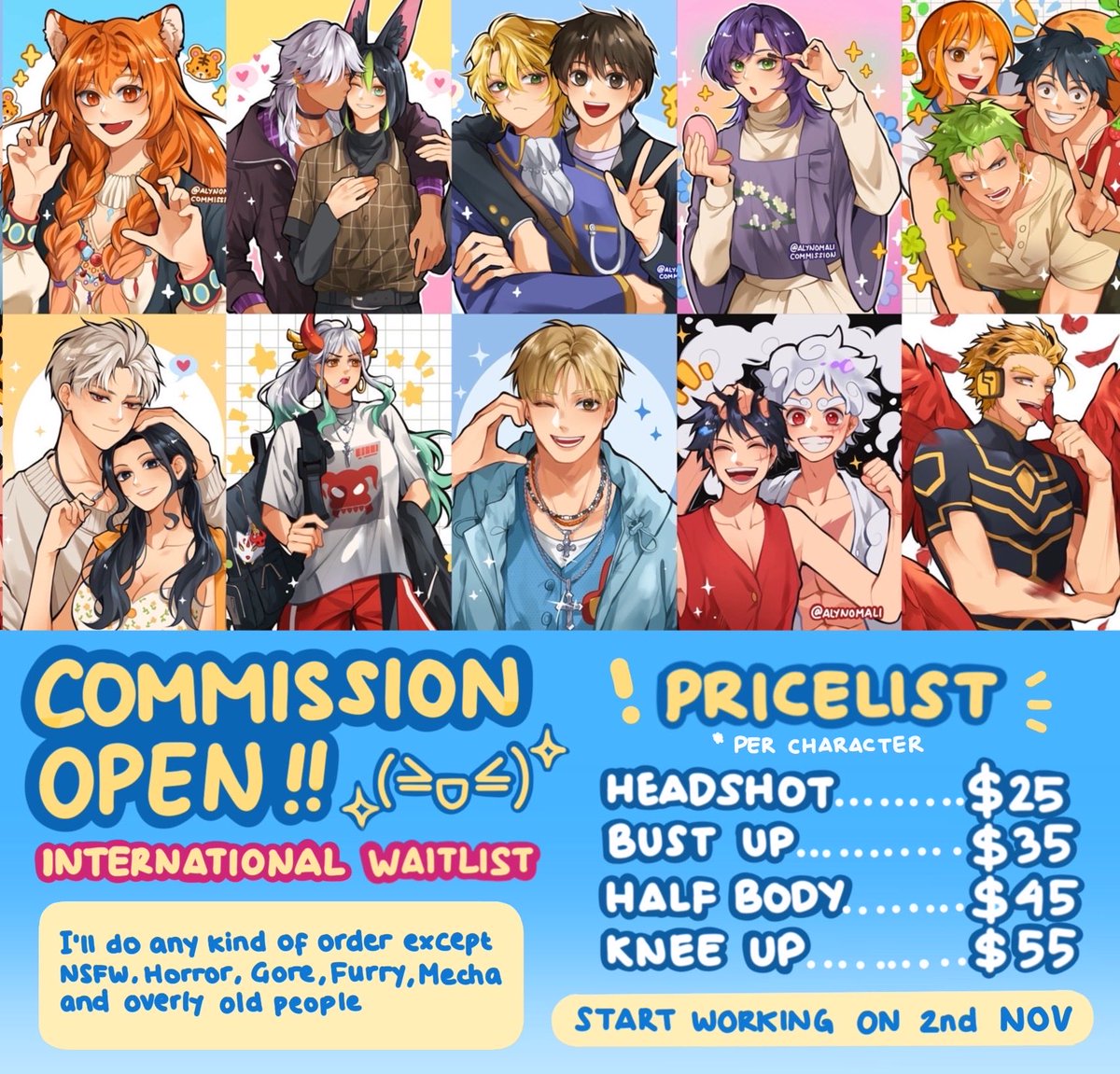 ❤️&amp;🔁 are appreciated!

NOVEMBER COMMISSION WAITLIST is open with SPECIAL PRICE :D✨ 

full payment upfront to secure your slot! 
(I’m trusted i promise 😭👍) 

Tnc and sample : anomalysugar.carrd.co 
DM to order or vgen : vgen.co/alynomali 

#commissionopen #Commission