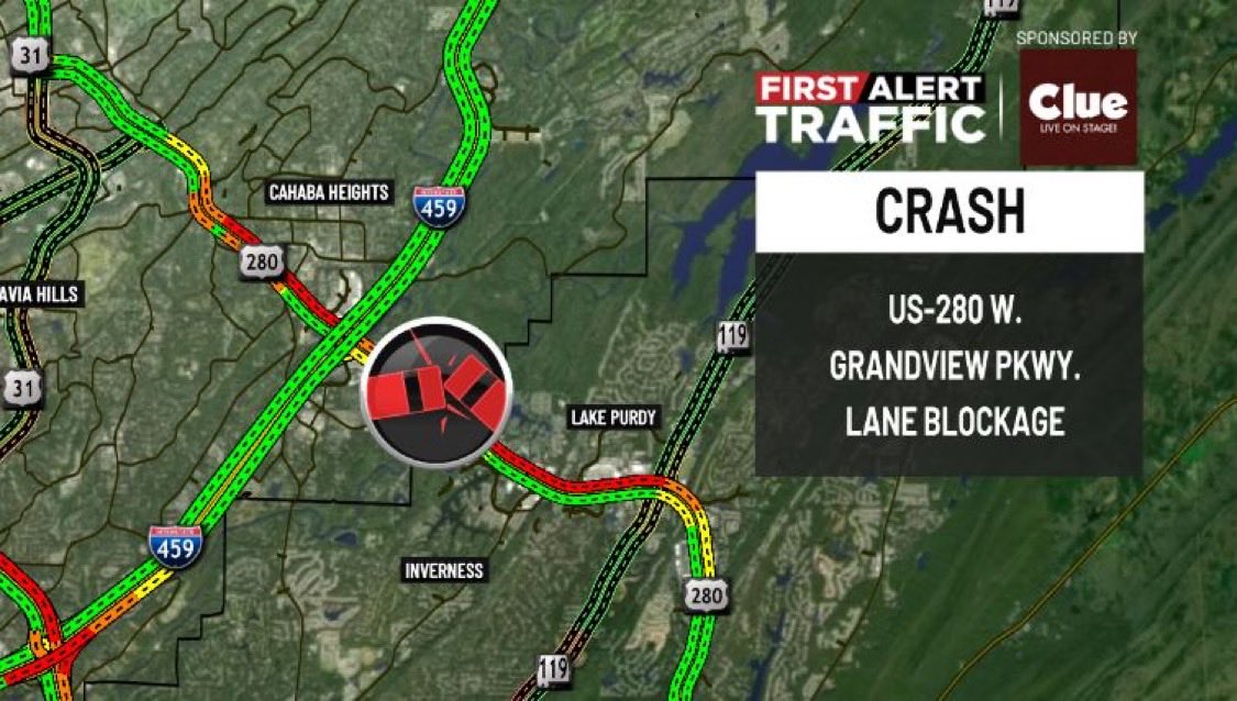 First Alert:
There is a crash on US-280 W. at Grandview Pkwy. <a href="/WBRCnews/">WBRC 6 News</a> #wbrctraffic