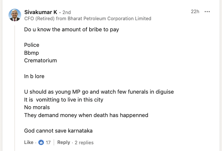 Before you go Congress Vs BJP etc, remember this is a national malaise and wont be fixed with whataboutery. Doesn't spare a grieving father even. Every government job is a gateway to ask for bribes. There is no single govt service that is clean
