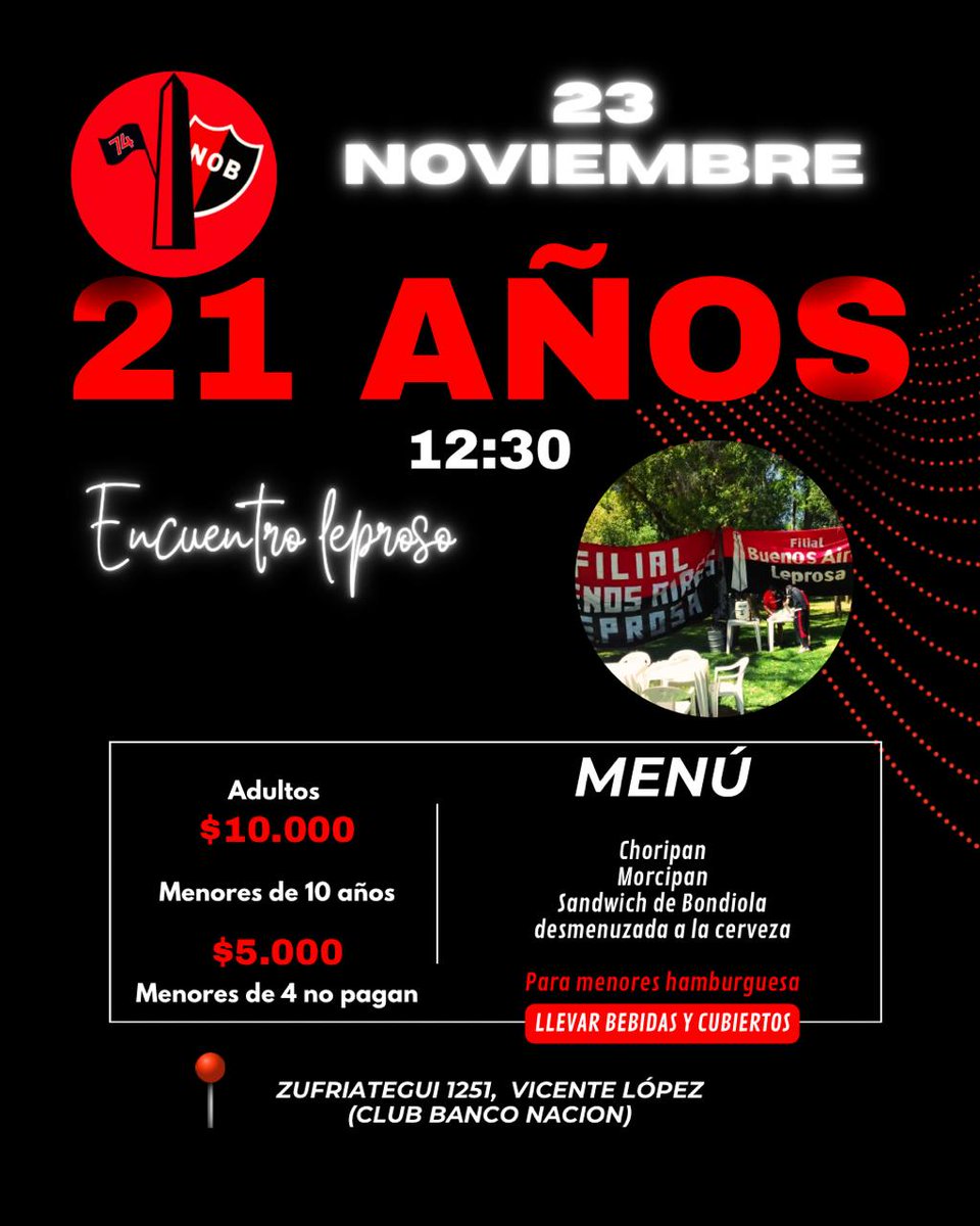 21 Años Filial Buenos Aires Leprosa
Vos fuiste parte durante todos estos años de la Familia Leprosa en Buenos Aires, por eso te invitamos a esta Colosal Fiesta 
Whatsapp 1127222664
Te esperamos
Dpto Eventos 
Filial Buenos Aires Leprosa