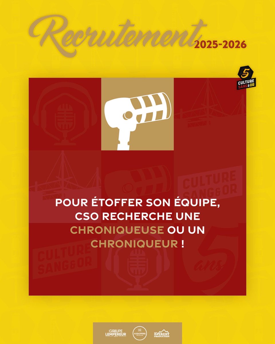 [Recrutement]

CSO recherche une 𝗰𝗵𝗿𝗼𝗻𝗶𝗾𝘂𝗲𝘂𝘀𝗲 ou un 𝗰𝗵𝗿𝗼𝗻𝗶𝗾𝘂𝗲𝘂𝗿 !

➡️ Tu supportes le #RCLens ?
➡️ Ta passion et ton objectivité ne font qu’un ?
➡️ Tu habites la région ?

Génial ! Alors si rejoindre une équipe 100% bénévole te tente, viens en MP !

🔴🟡
