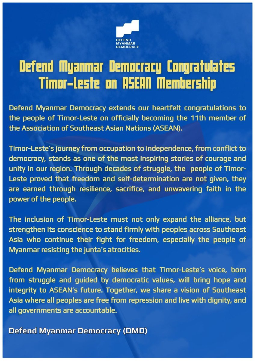 DemocracyMM's tweet photo. #DefendMyanmarDemocracy Congratulates Timor-Leste on @ASEAN Membership https://t.co/sD23xHWm3Q