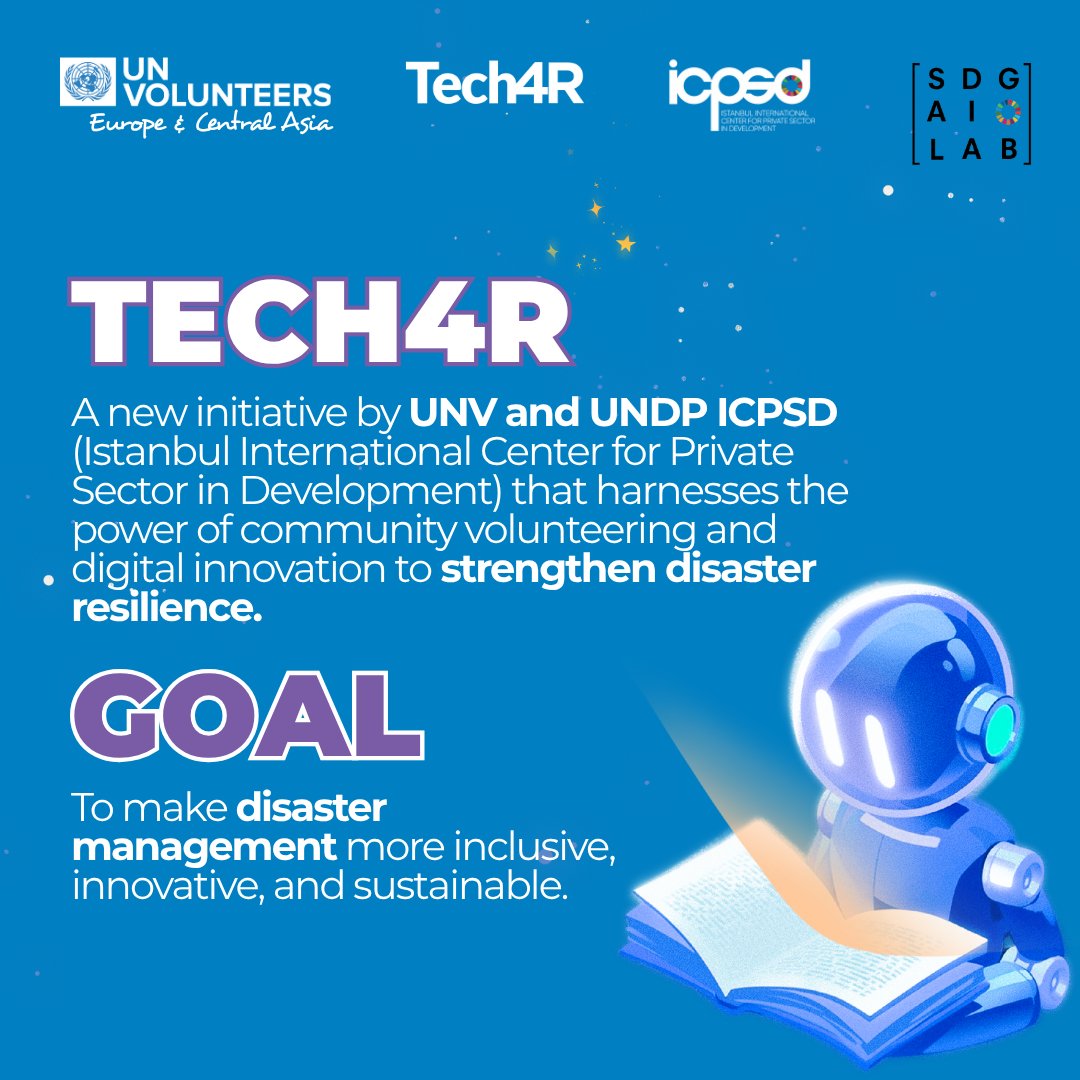 UNVEurasia's tweet image. 📢 Introducing #Tech4R 💡

Up to 150 UN Volunteers are joining forces to build digital solutions for disaster resilience across Europe and Central Asia.

Launched by UNV and UNDP ICPSD SDG AI Lab, the initiative supports the UN in driving digital innovation for stronger, safer…