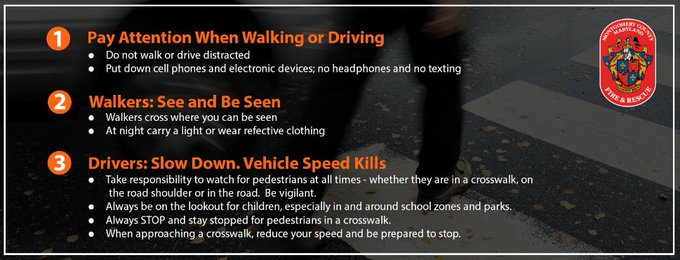 🕰️FALL BACK!
A reminder this weekend the clocks go back an hour which means it will get darker sooner. <a href="/mcfrs/">MontgomeryCo(MD)Fire</a> asking pedestrians &amp; drivers to be extra careful -- especially around crosswalks &amp; at intersections. Look out for each other. #takeseveryone #besafe <a href="/VisionZeroMC/">Mont Co Vision Zero</a>