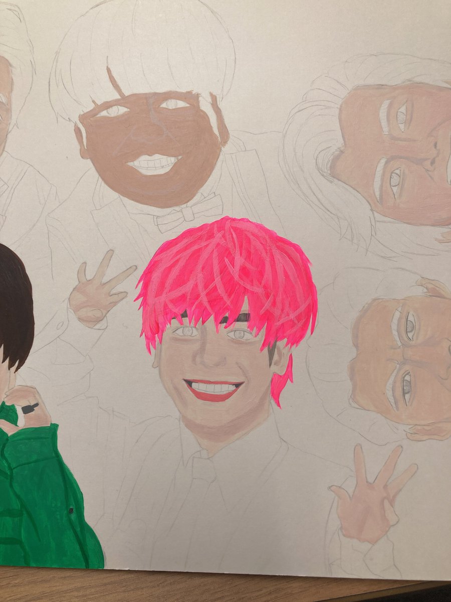 N1b0s1_'s tweet image. まだ全っっ然完成してないけど
#EXIT の2人だけ..
あと4人も..やばい😱
てか1人に時間かけすぎててやばい授業の3時間りんたろーに使って放課後の2時間かねちーに使った 蛍光ピンクの絵具とか初めて使った最初で最後だろうな..笑 
#かねちー #りんたろー 
#似顔絵 #イラスト