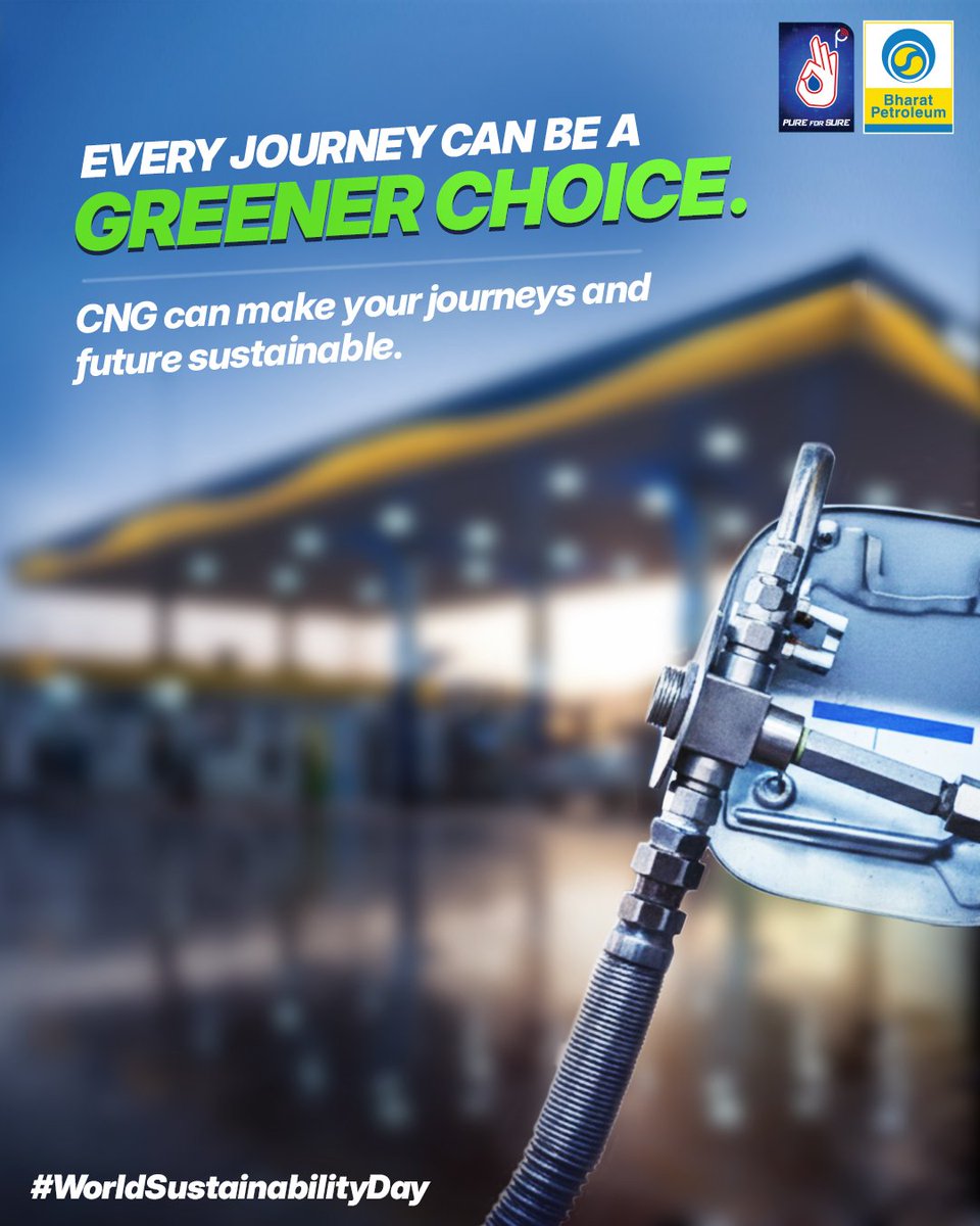 This #WorldSustainabilityDay, BPCL is driving cleaner and greener journeys with its expanding CNG network.​

With over 2500 CNG stations across highways and cities, we’re making sustainable fueling accessible and economical for every vehicle.​

Join the movement towards greener