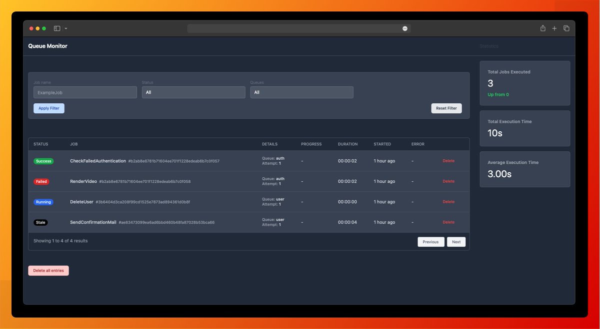 Keep an eye on your queued jobs just like Horizon, but for any queue.
Laravel Queue Monitor lets you track job progress, exceptions, and runtime, all from a simple UI.

laravel-hub.com/package/larave…