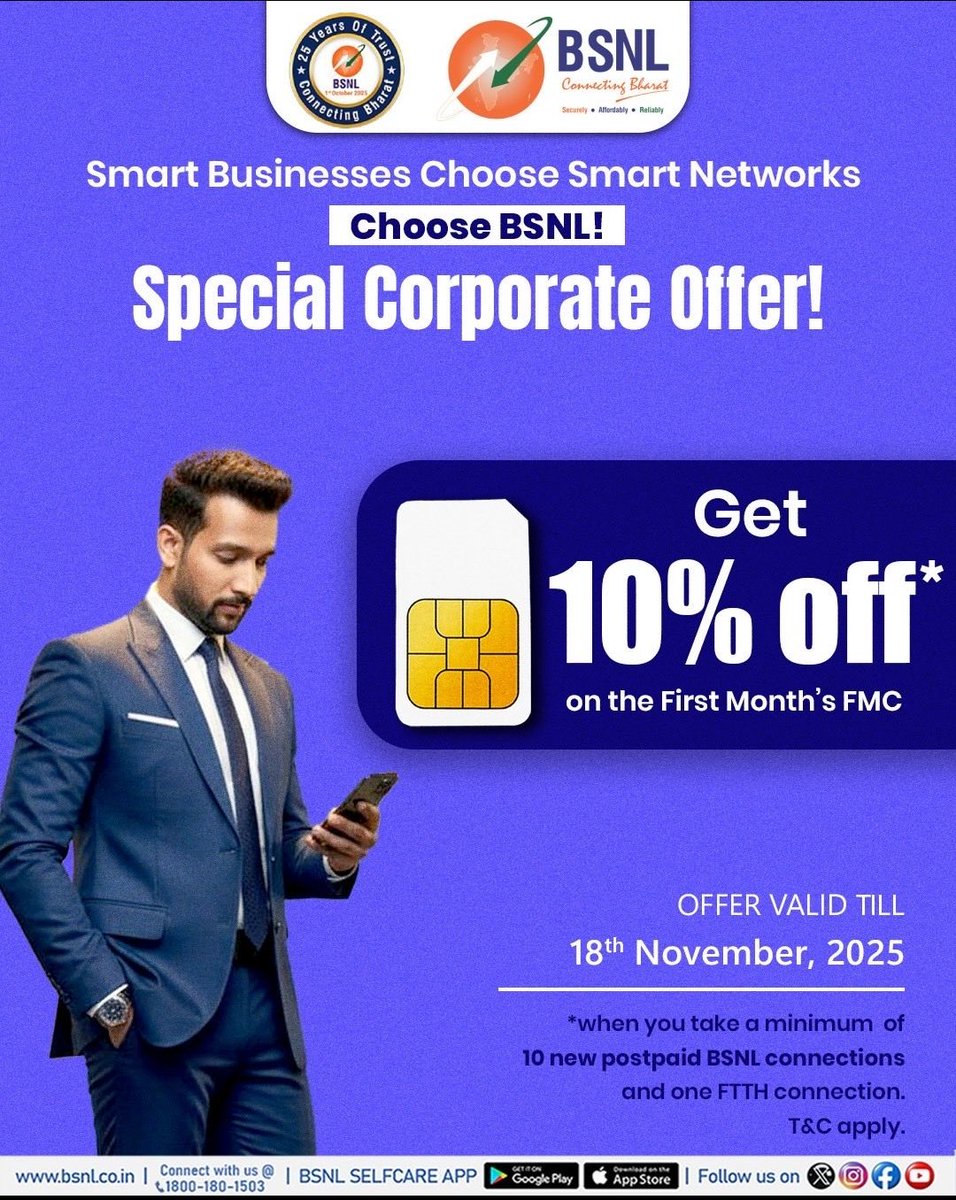 Kalyan_BSNL's tweet photo. Switch to smarter business connectivity with BSNL Corporate Offer!

Get 10+ Postpaid SIMs + 1 FTTH and enjoy 10% instant discount on the first month's FMC. 
Valid: 18 Oct – 18 Nov 2025

Seamless communication starts with BSNL !

#BSNL #FTTHConnection #CorporateOffer #BSNLOffers https://t.co/JMDHXNZASQ