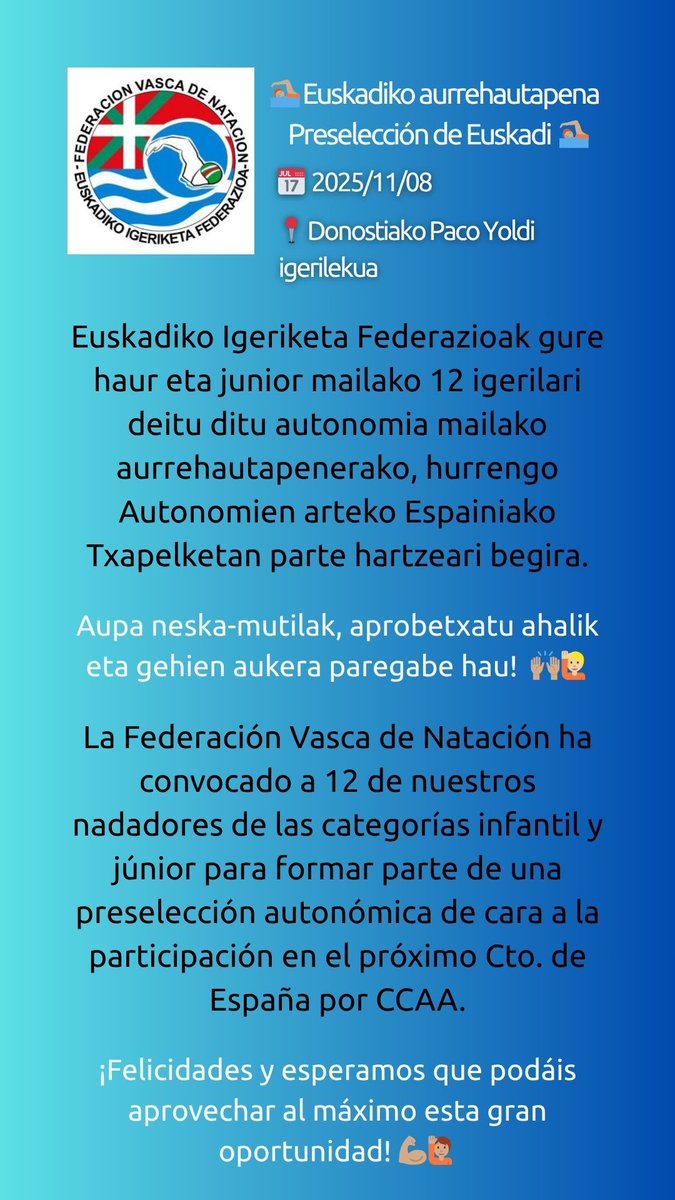 📢Convocatoria de preselección infantil y júnior para el Campeonato de España por CCAA / Haur eta junior mailako aurrehautapenerako deialdia - Autonomien arteko Espainako Txapelketa 
#eif #fvn #igeriketa #getxoibke