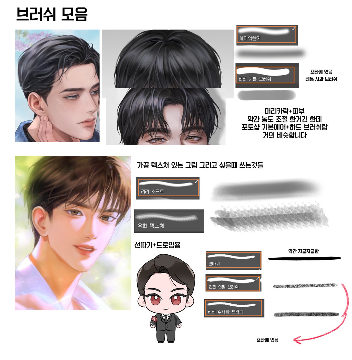 보통 저는 포토샵 기본 브러쉬에서 약간 농도 조절한것 위주로 그립니다🥹 제가 쓰는것도 기본 브러쉬랑 크게 차이 안나요ㅎㅎ텍스쳐 있는 그림 그리고 싶을때는 약간 텍스쳐 있는 브러쉬 섞어쓰고 선딸때나 드로잉 할때도 약간 텍스쳐 있는것 좋아해서 자글자글한것 씁니다🌝 몇개는 포타에 있어요~:)