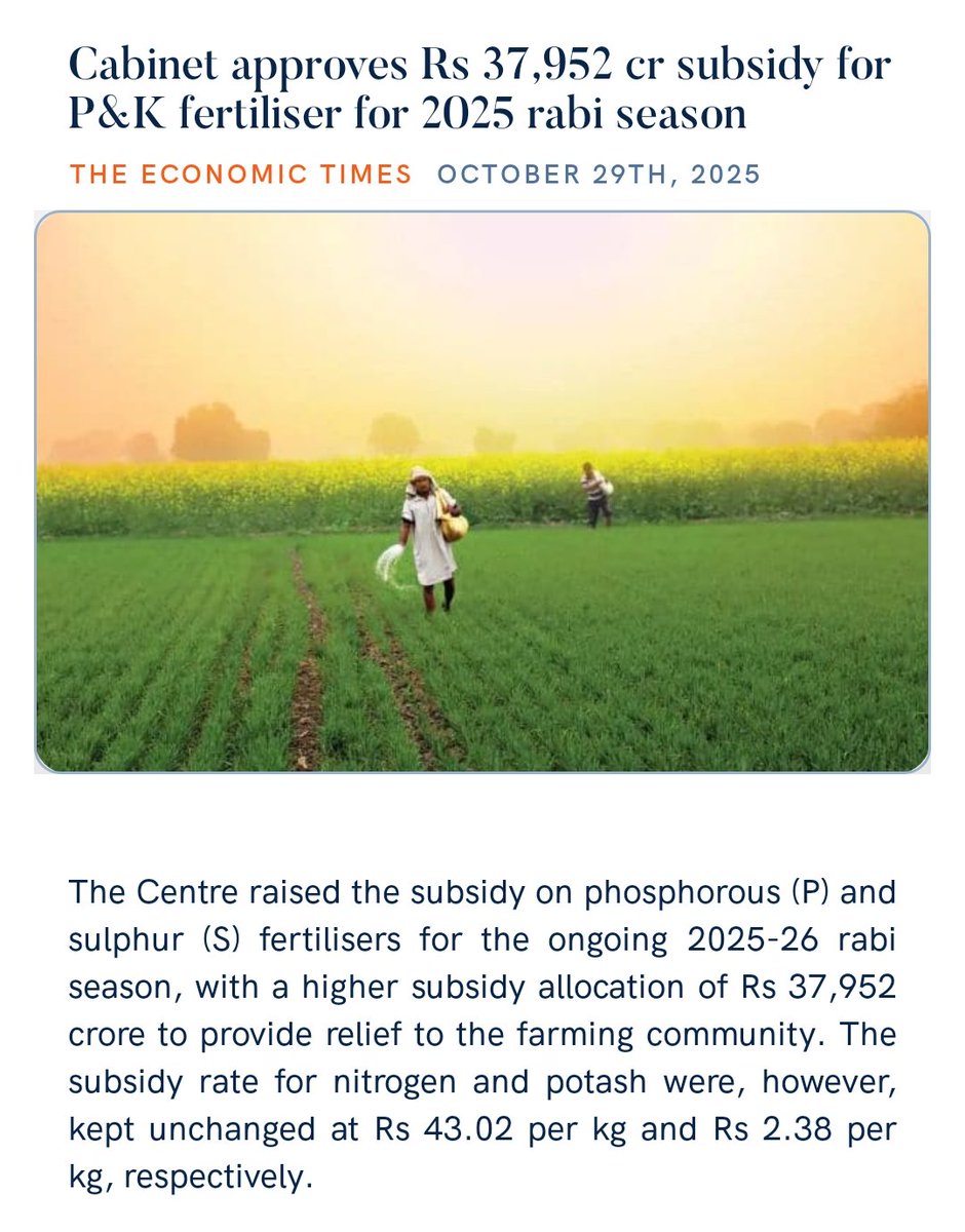HulikkalR's tweet photo. Cabinet approves Rs 37,952 cr subsidy for P&amp;K fertiliser for 2025 rabi season
https://t.co/WhsmxpWFCV via NaMo App https://t.co/qbTG7SWKVx