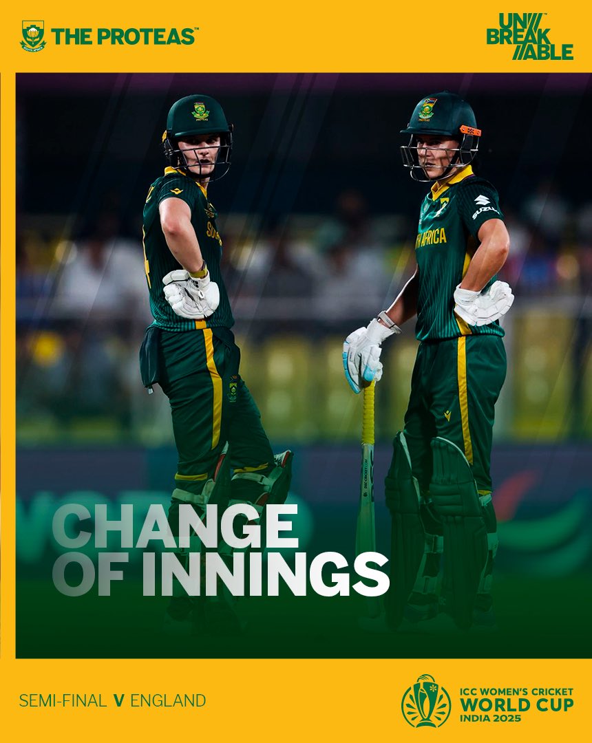 🚨 Change of Innings! 🚨

#TheProteas Women finish their 50 overs on a massive 319/7! An incredible surge in the final 10 overs added 117 runs to the total. What carnage in Guwahati! 💥🙆‍♂️

Now it’s up to the bowlers to defend and guide #TheProteas Women to a maiden World Cup