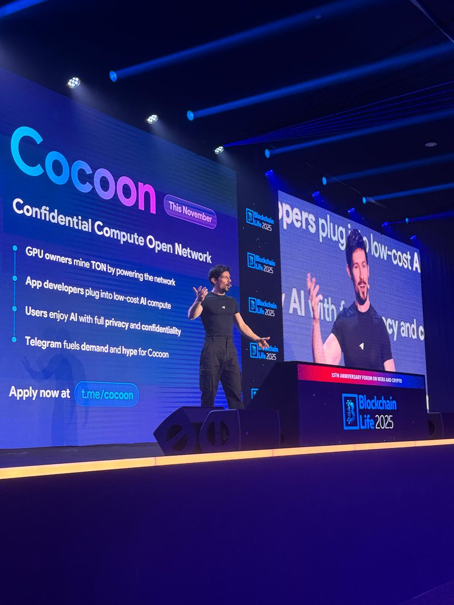 From the main stage of Blockchain Life 2025, Pavel Durov (<a href="/durov/">Pavel Durov</a>) announced Cocoon, a Confidential Compute Open Network built on top of <a href="/ton_blockchain/">TON 💎</a> &amp; Telegram ecosystems.

Key takeaways:

• Built on TON and powered by GPU-based mining
• Focused on private and confidential