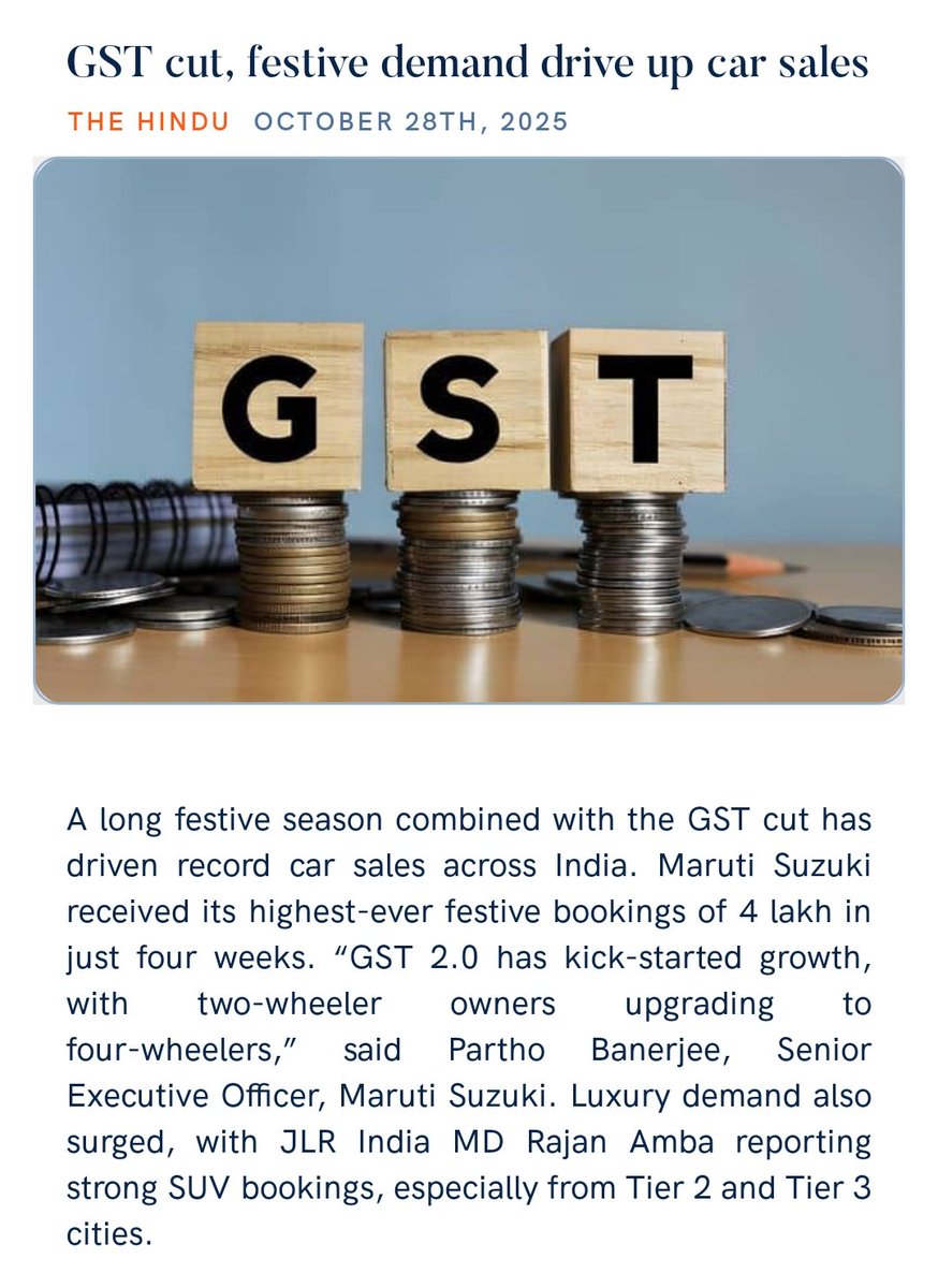 HulikkalR's tweet photo. GST cut, festive demand drive up car sales
https://t.co/aKga9NRxCf via NaMo App https://t.co/rliAuElIzN