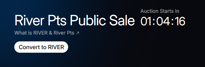 🌊 River Pts 公募活动总结🕒 公募时间：48小时荷兰式拍卖（Dutch Auction）
在 BNB Chain 上进行，价格会 随时间逐渐下降，直到所有份额被抢购完。
💡 所有参与者最终以相同价格购买，早期买家可获得 价格差额退款。🚀 参与步骤：
1️⃣ 连接你的 BNB Chain 钱包。
2️⃣ 查看 当前价格 和 剩余额度。
3️⃣