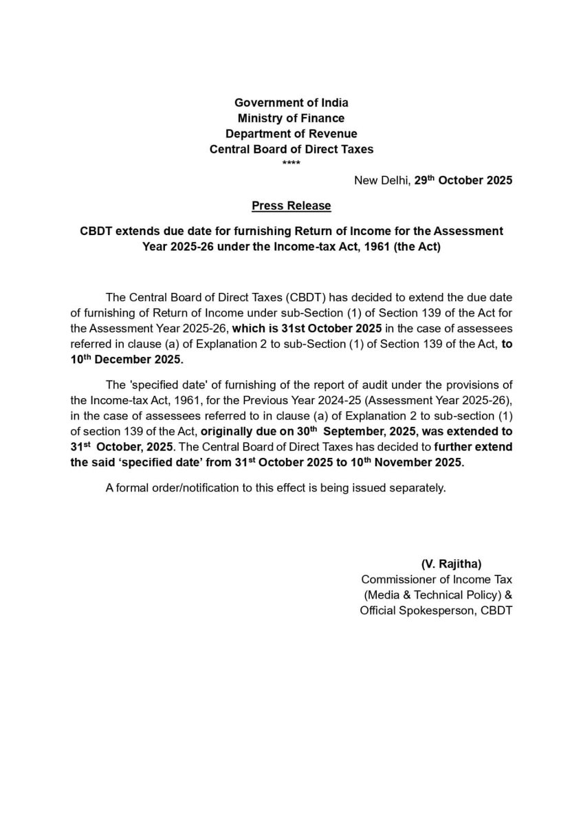 BabuchakCa's tweet image. *The Central Board of Direct Taxes (CBDT) extends the ITR due date to 10th December 2025.*

*TAR date is further extended to 10th November 2025.*

#Extend_Due_Date_Immediately #extend_due_dates_immediately #extendauditduedate #extension_हक़_है_भीख_नहीं #itrduedateextended