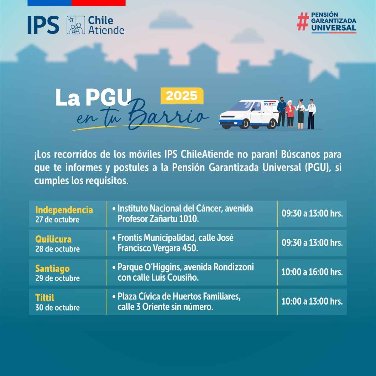 ¡Buenos días!👋
📢Vecinas y vecinos de #Santiago y #Tiltil, les recordamos que aún quedan recorridos de los móviles IPS ChileAtiende🚐 por sus comunas, para que puedan:
🟢Informarse y solicitar la #PGU.
🟢Hacer otros trámites del IPS.
¡Organicen su tiempo y acompáñennos!