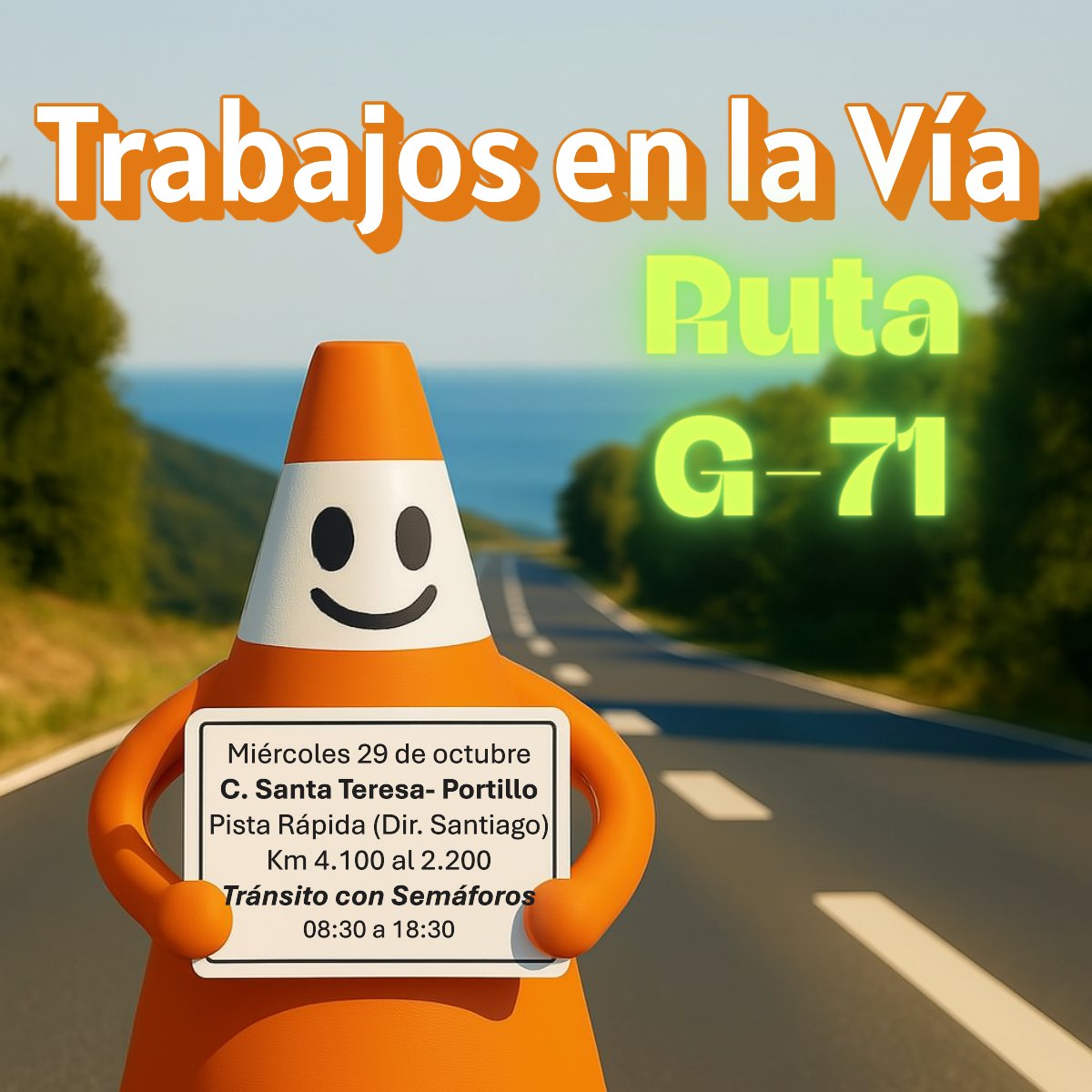 🚧 Corte parcial este miércoles 29/10 en pista izquierda (rápida) de Ruta G-71, dir. Santiago, entre km 4.100 y 2.200. 🕒 08:30–18:30 🚦 Tránsito alternado con semáforos ⚠️ Vel. máx: 30 km/h 📍 Ref: Camino Santa Teresa – Los Andes – Portillo #TrabajosEnLaVía #ConoVial #Bitumix